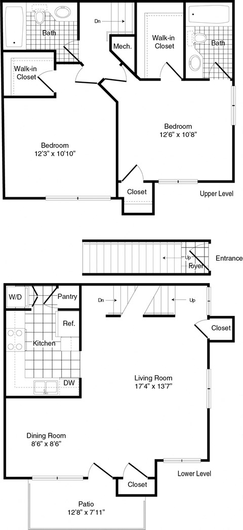 A set of four floor plans for a house with a living room, dining room, kitchen, and bathrooms.